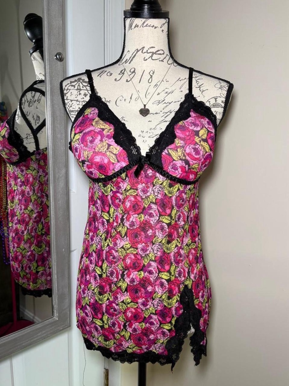 Pink Floral Sheer Chemise Cami with Black Lace Trim